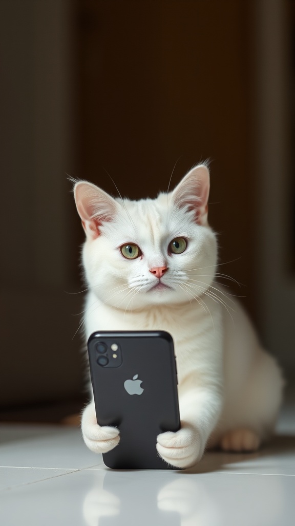 A white cat amusingly holds a smartphone, appearing to be engaged in browsing.