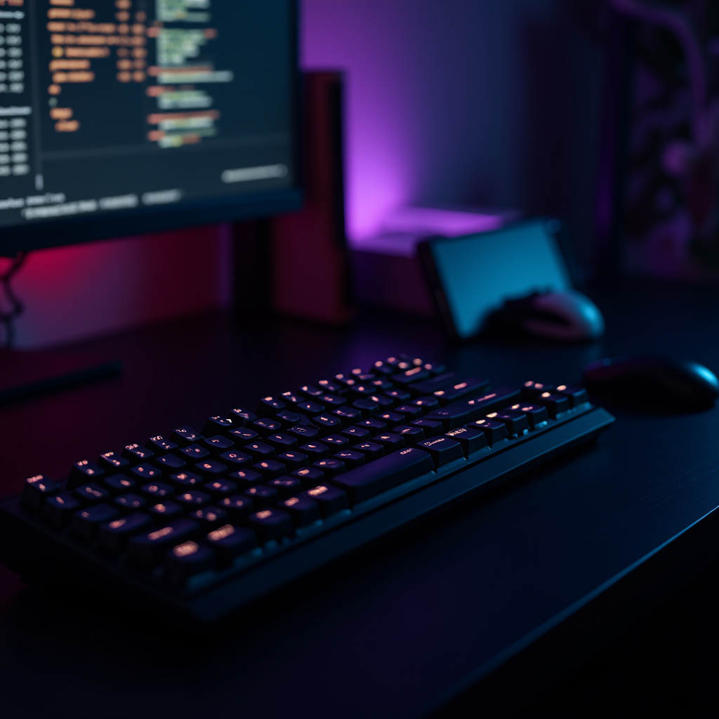 A dimly lit workspace with a keyboard and screen displaying code, highlighted by purple and blue lighting.