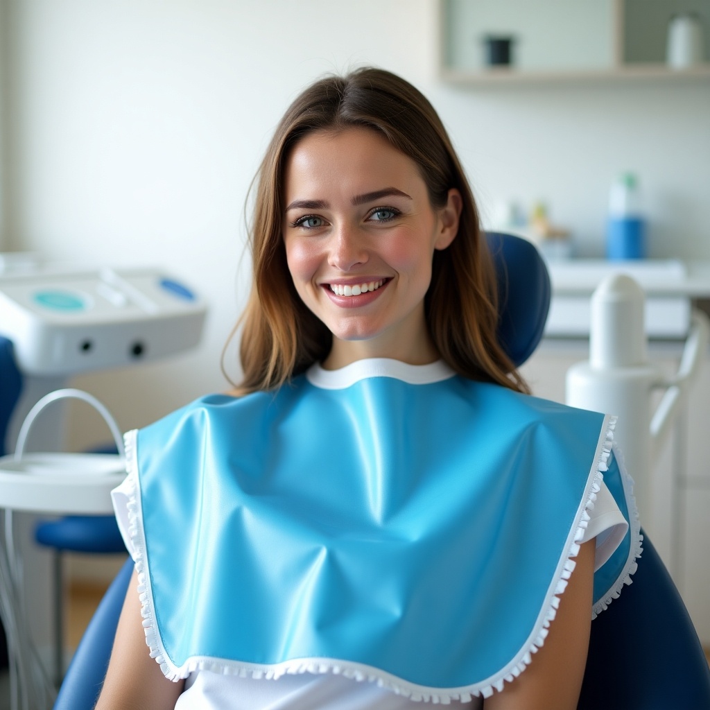 Image shows woman sitting in dentist chair. She wears blue plastic bib with white edges. Modern dental environment in the background with equipment. Atmosphere reflects dental care importance and patient experience.