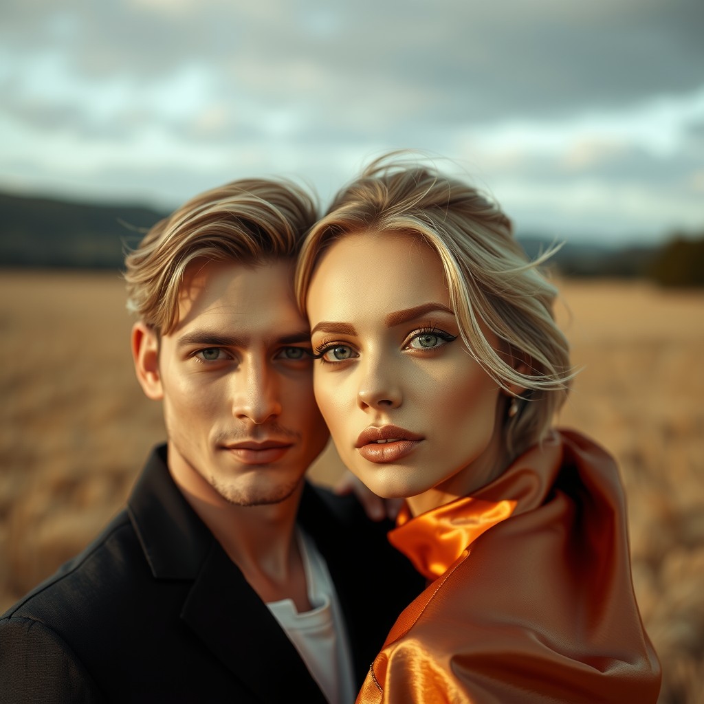 A couple poses closely together in a golden field at sunset.