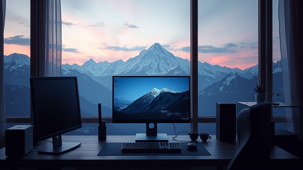 A workspace set against large windows, revealing a breathtaking mountain view at dusk.