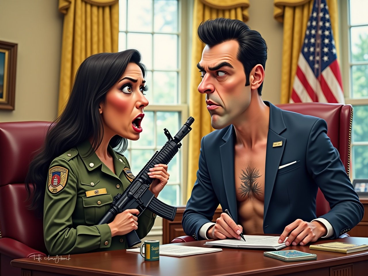 The artwork showcases two exaggerated figures representing political personas in a humorous confrontation. Tulsi Gabbard, dressed in a military uniform, holds an AR-15 and looks angrily at Pete Hegseth. He is depicted trying to take the weapon away, revealing a Jerusalem Cross tattoo on his chest. Their exaggerated facial expressions and cartoonish features create a playful yet thought-provoking portrayal. This image invites viewers to consider the humorous side of political power dynamics and the interactions between influential figures. It serves as a reminder of how politics can be depicted in a lighthearted manner.