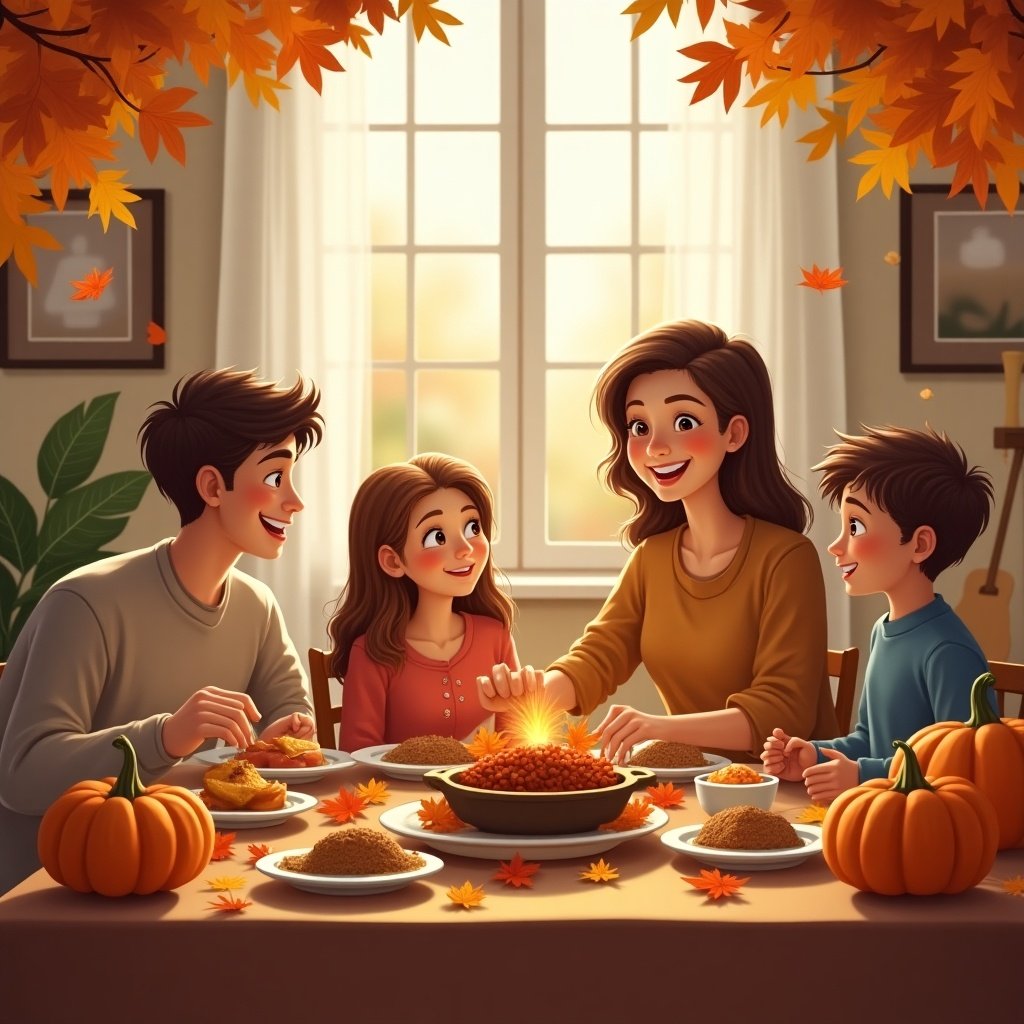 The scene depicts a warm and inviting Thanksgiving celebration. A family of four is gathered around the dinner table, sharing laughter and delicious food. The table is adorned with autumnal decorations, including pumpkins and a savory dish at the center. Vibrant orange and yellow leaves are visible, hinting at the season's charm. Sunlight streams through the window, enhancing the cozy atmosphere of togetherness.