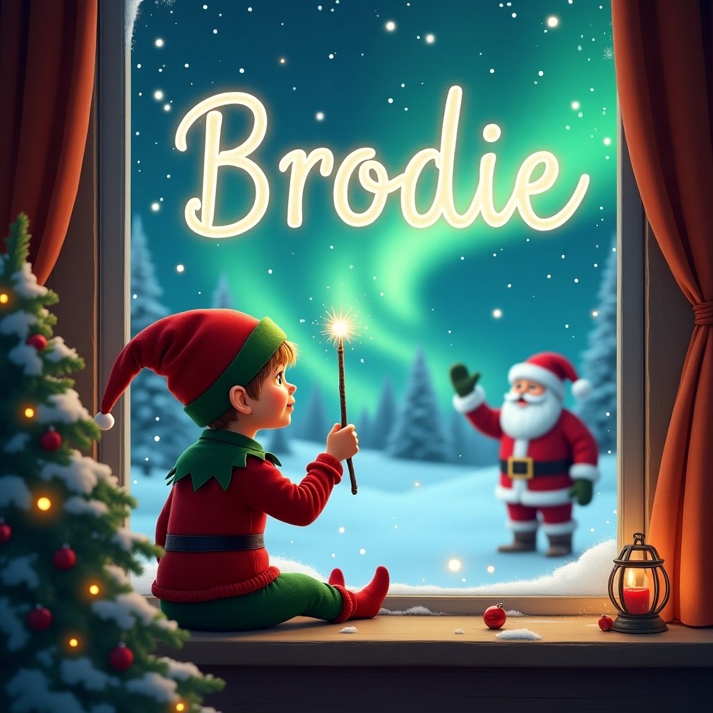 This image features a charming Christmas scene. An adorable elf, dressed in festive colors, is seated by a window. The elf is holding a wand, and with its back facing us, it's writing the name 'Brodie' in the night sky. Outside, a beautiful winter landscape is illuminated by sparkling northern lights. In the background, Santa Claus is joyfully watching over the scene. The atmosphere is magical, filled with the essence of the holiday spirit.