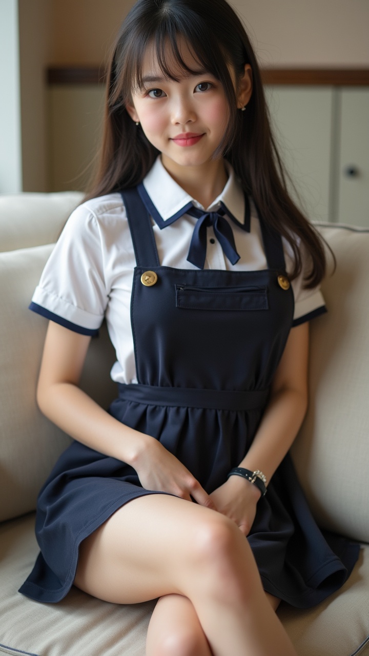 A young woman sitting on a couch wearing a navy blue dress with white accents, indoors, looking at the camera with a soft smile, warm lighting.