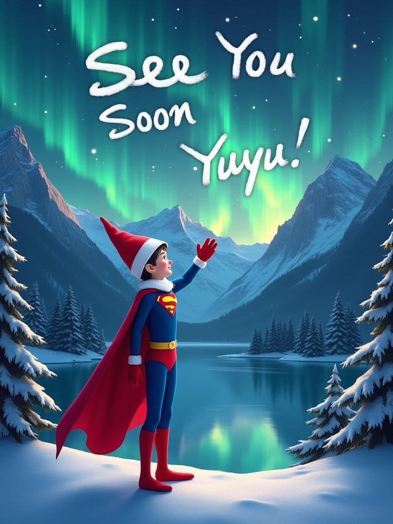 An elf character wears a superman suit. Elf writes in the sky 'See You Soon Yuyu'. Background features a winter landscape with mountains and a lake. The night sky shines with northern lights. Surrounding pine trees are covered with snow.