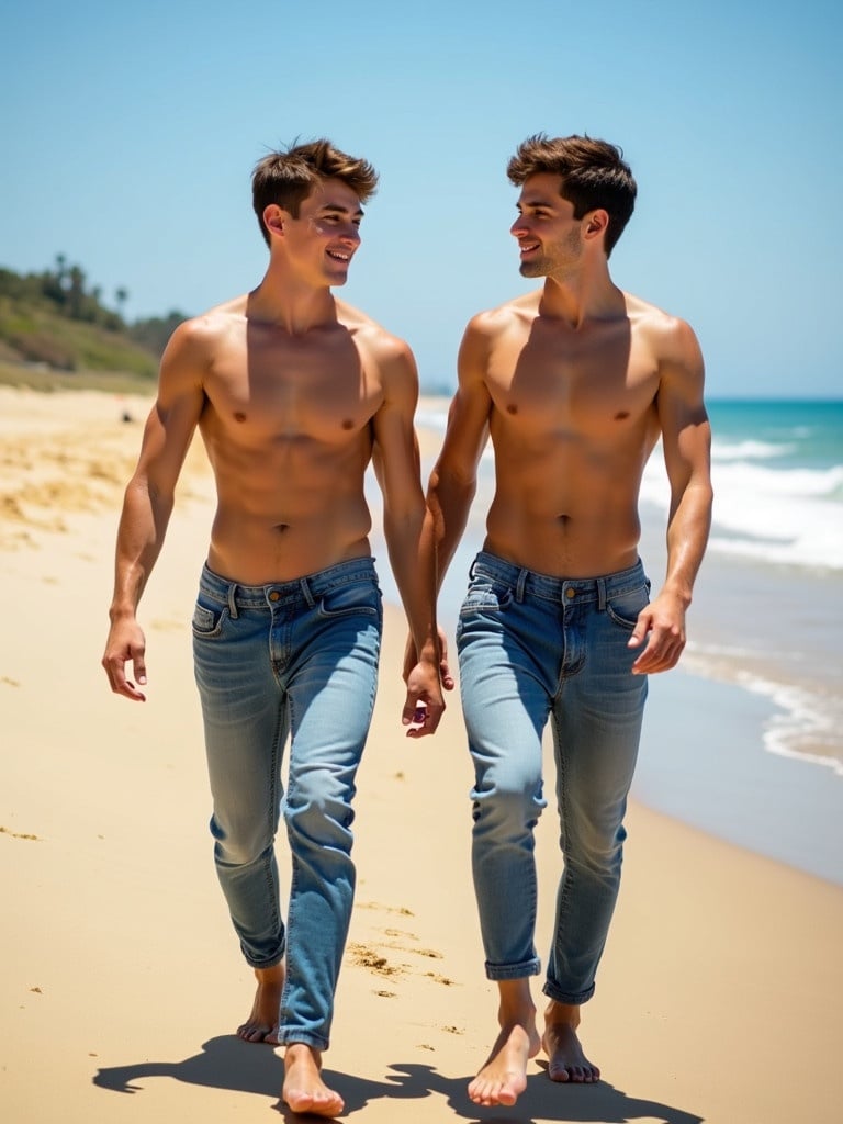 Two muscular teenage boys walk down the beach. They are shirtless and wear low hanging jeans. The setting is sunny. They hold hands and smile. The beach has soft sand and gentle waves. Background shows a green landscape.