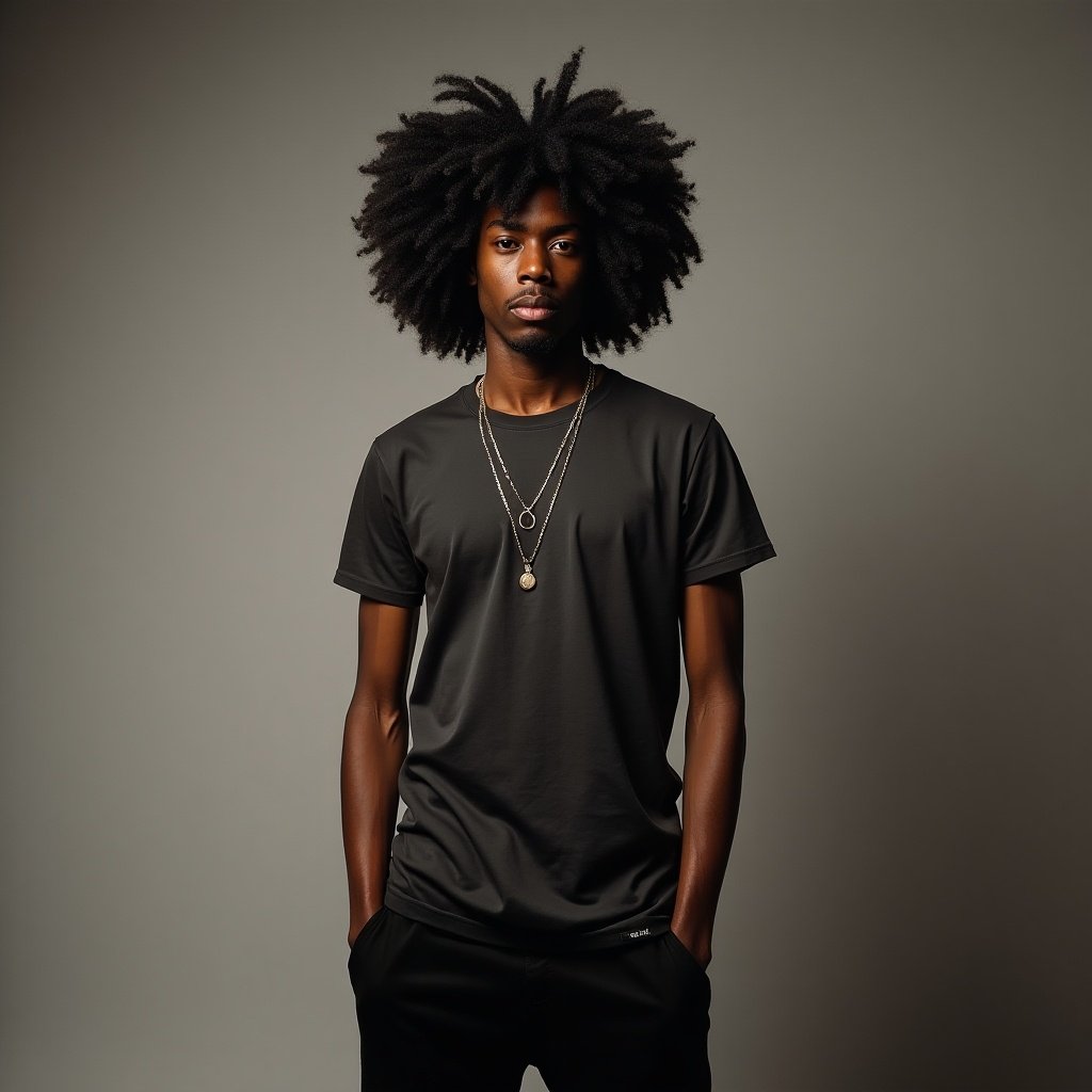 Portrait of a young male rapper. He has a large afro hairstyle and is wearing a black t-shirt with black pants. He is adorned with necklaces. The background is a soft gray tone.