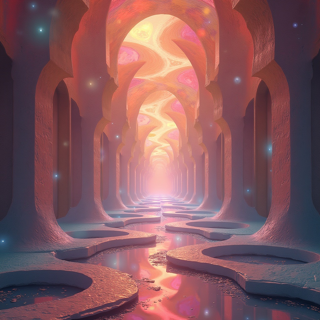 This image depicts an interdimensional realm known as Dimension Zero, a place where one can find peace of mind. Its mystical nature allows for variable orientation that contributes to the alien landscape. The color palette features ethereal shades of pink, orange, yellow, red, and blue reminiscent of a space nebula. The architecture forms a labyrinthine distortion that plays with time and space. The overall atmosphere evokes wonder and trepidation, hinting at spiritual evolution and encounters with the unknown. This artwork harmoniously blends elements of fantasy and science fiction.