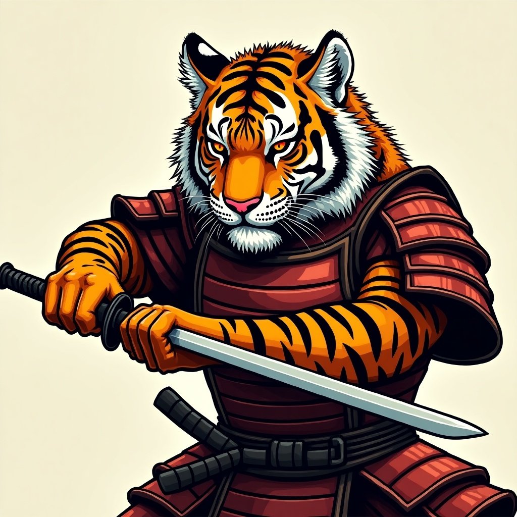 A humanoid tiger stands ready for battle. Tiger wears traditional samurai armor. Tiger wields a katana with confidence. Intense gaze and powerful stance emphasize strength. Armor features detailed orange and black stripes. Rich visual contrast enhances the design.