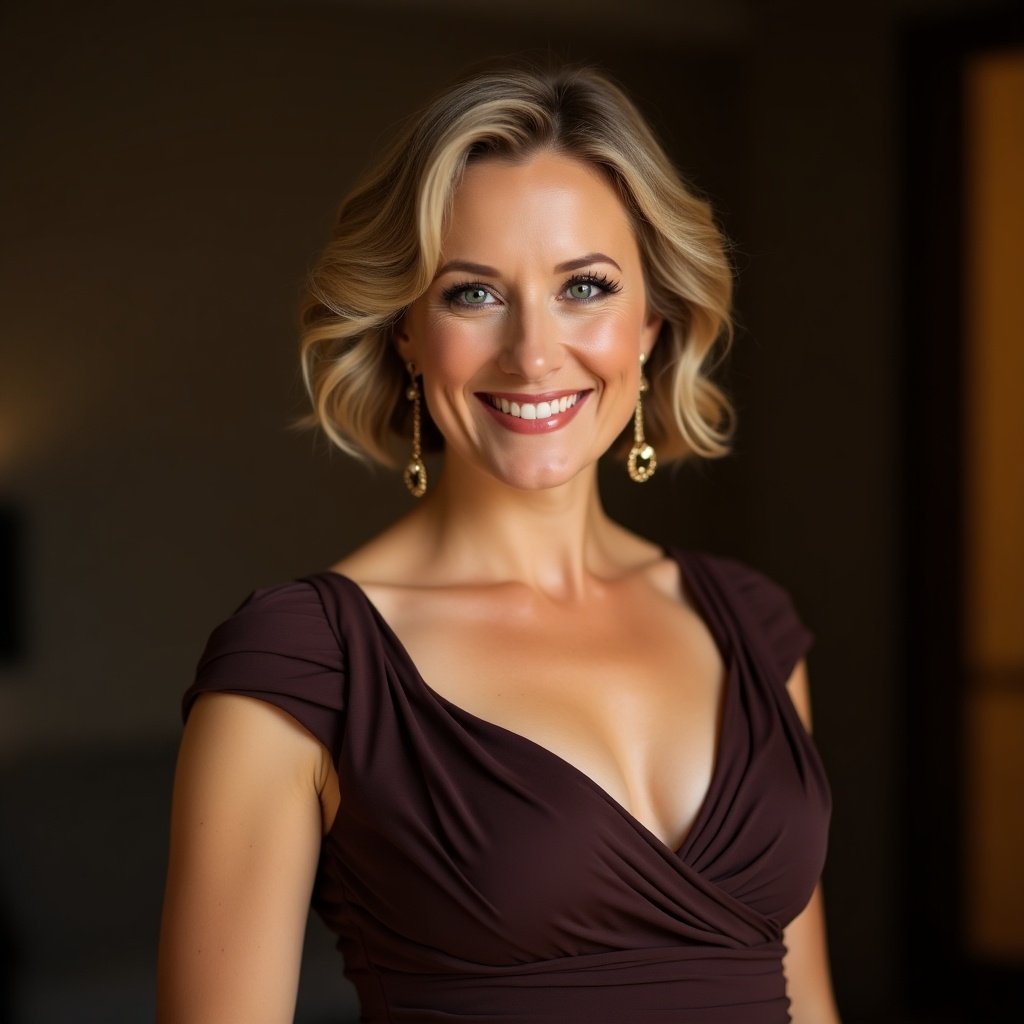 A woman elegantly dressed in old money formal attire stands gracefully, exuding confidence. She has a radiant smile that lights up her face. Her hair is styled in short layered cuts with subtle soft waves that reach her shoulders. The soft, warm lighting creates an inviting atmosphere, highlighting the details of her attire and her joyful expression. The background is simple, putting emphasis on her elegance and the sophistication of her outfit. This portrait showcases the essence of luxury and timeless fashion.