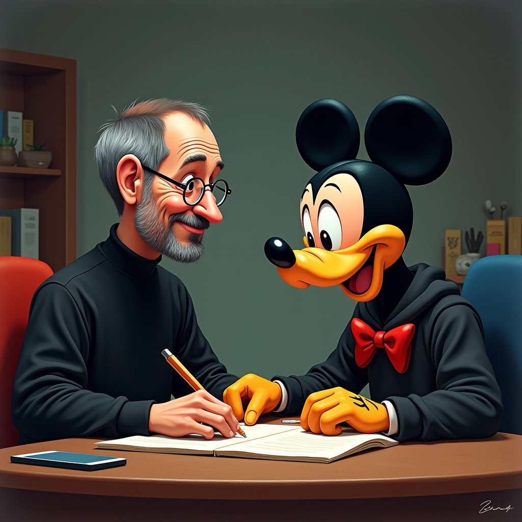 The image depicts a fictional collaboration between two legendary figures, Steve Jobs and Mickey Mouse. They are seated at a table, engaged in a discussion. Steve Jobs wears his iconic black turtleneck and glasses, while Mickey Mouse is depicted with a playful expression, dressed in a casual outfit. They are reviewing notes on a notepad, symbolizing creativity and innovation. The setting has a warm and inviting atmosphere, with soft lighting emphasizing their friendly conversation. This illustration captures the essence of collaboration and inspiration in the fields of technology and entertainment.