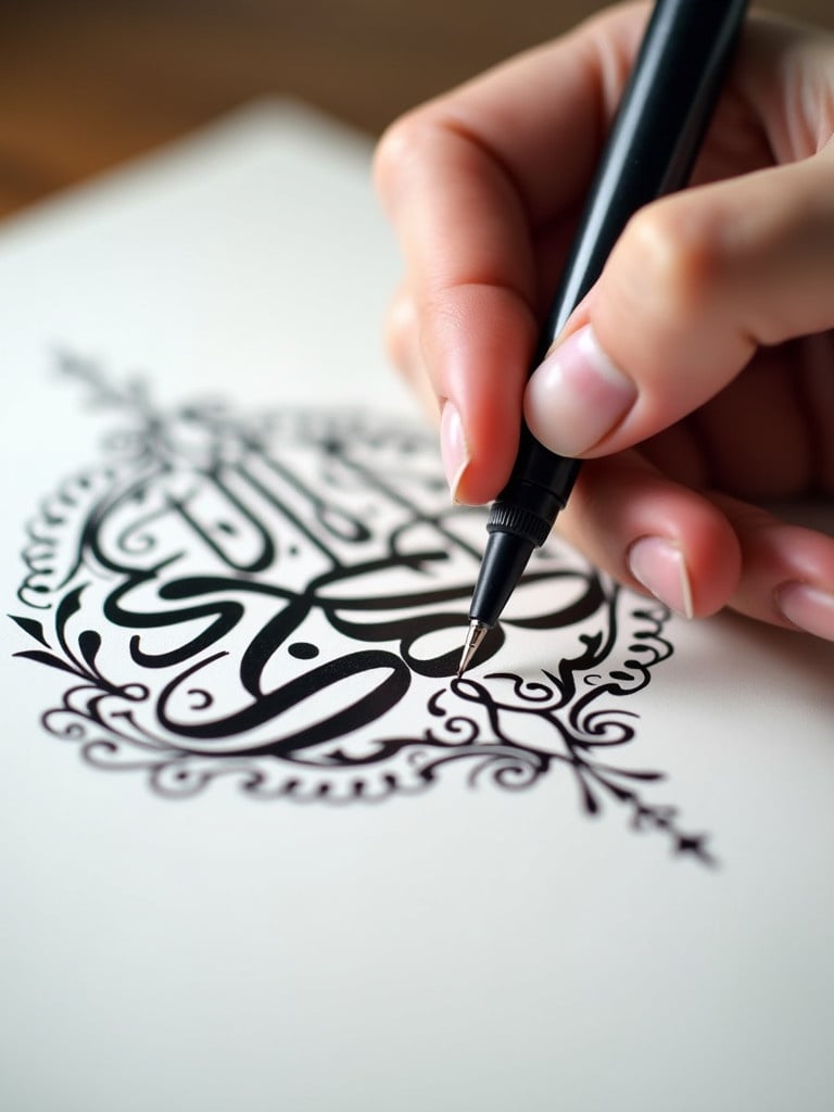 The hand writes Arabic calligraphy using a pen. Bold black ink flows on white paper. The hand remains steady and focused on the letters. Surrounding designs enhance the calligraphy. Soft lighting highlights the strokes. The words 'Alekya' and 'Khaleel' are created.