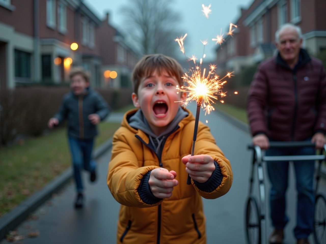 A 12-year-old boy excitedly holds a lit firework in a Dutch neighborhood. Background features a distressed child running and an older man with a walker. The scene contrasts excitement and concern. The sparkler's light bursts in a subdued environment, showcasing joyful childhood and safety importance.