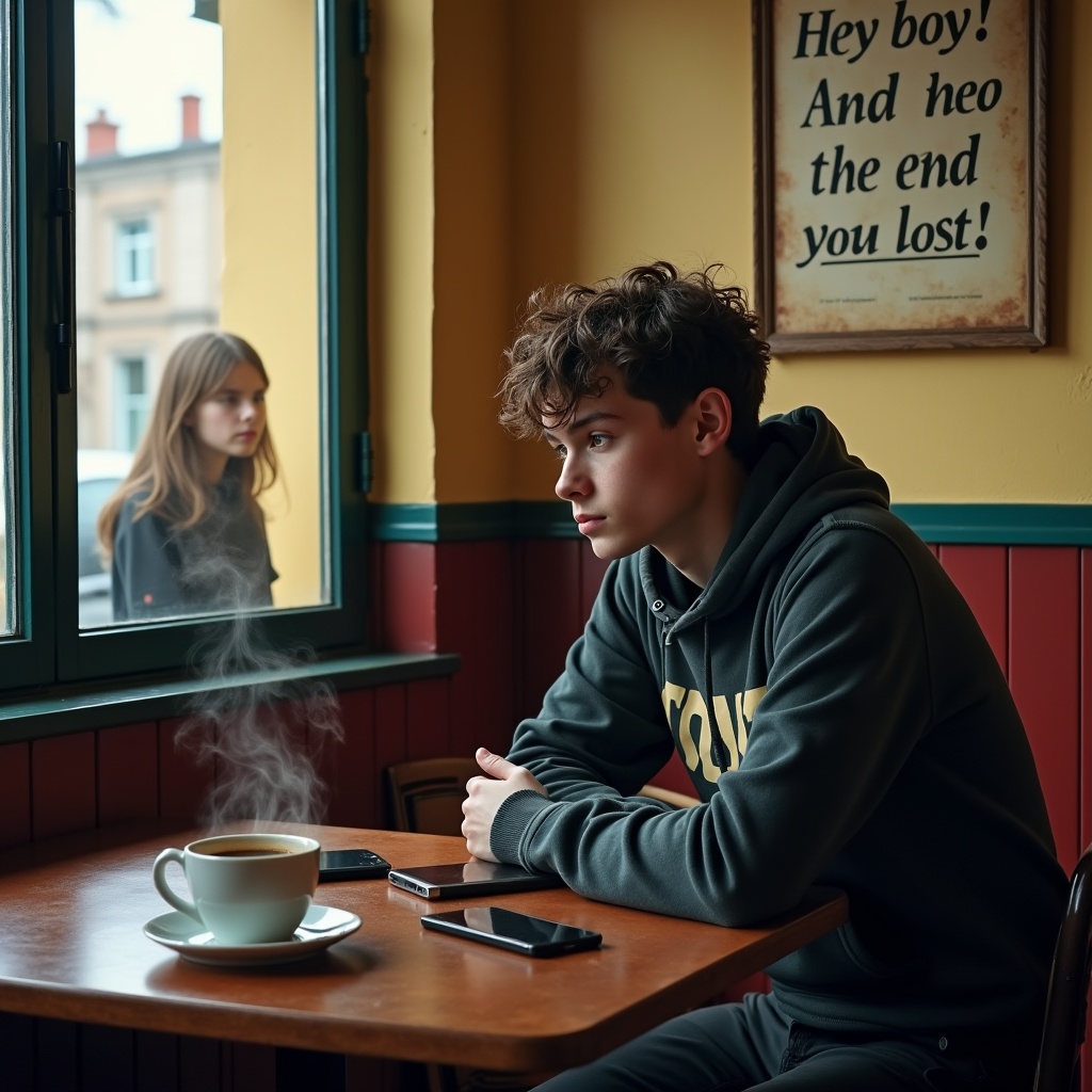 A young man sitting in a cozy café, dressed in a hoodie, looking thoughtfully out the window while a woman passes by outside. A steaming cup of coffee and a smartphone lie on the table. The café's warm interior is inviting with soft lighting and a retro-style poster on the wall.