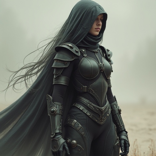 Female character dressed in ornate black armor with a flowing cloak. The scene appears misty creating a mysterious atmosphere. Strong presence with an enigmatic persona. The armor is detailed showcasing intricate designs.