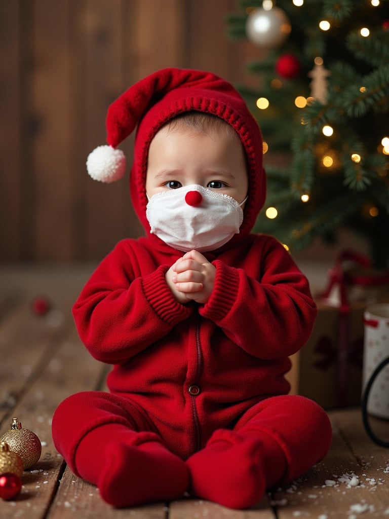 Christmas photo of a baby in a red Santa outfit sitting on the floor. Background decorated for Christmas with a Christmas tree and presents. Emphasizes festive cheer and warmth.