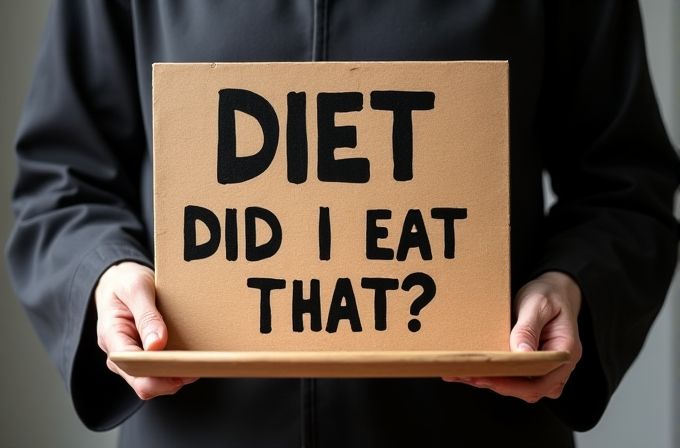 A person holds a sign that humorously questions their diet choices.