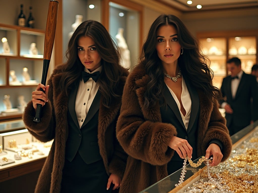 two elegant women in a jewelry store, sophisticated fashion, fur coats, holding jewelry, chic setting