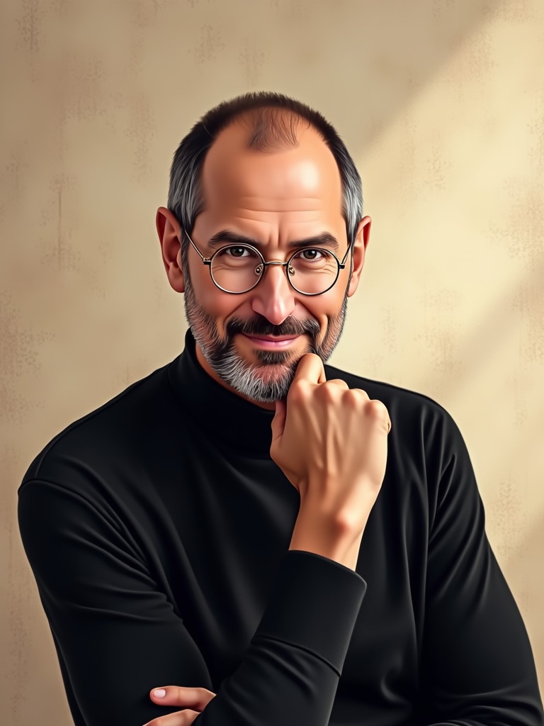 Illustration of a confident man in a black turtleneck sweater. Man has a neatly groomed beard and short hair. Background is a textured beige wall with soft, natural lighting. Man poses thoughtfully with hand on chin, looking at viewer. 