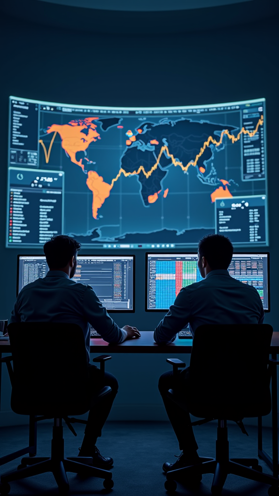 Two people are sitting at desks in front of multiple computer screens, analyzing a large digital map of the world displayed on the wall.