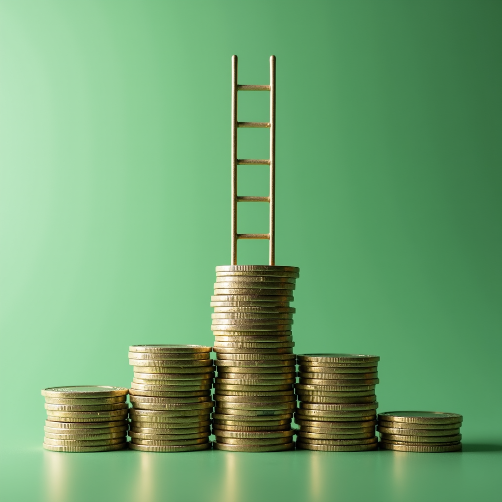 A ladder stands on top of stacked coins against a green background.