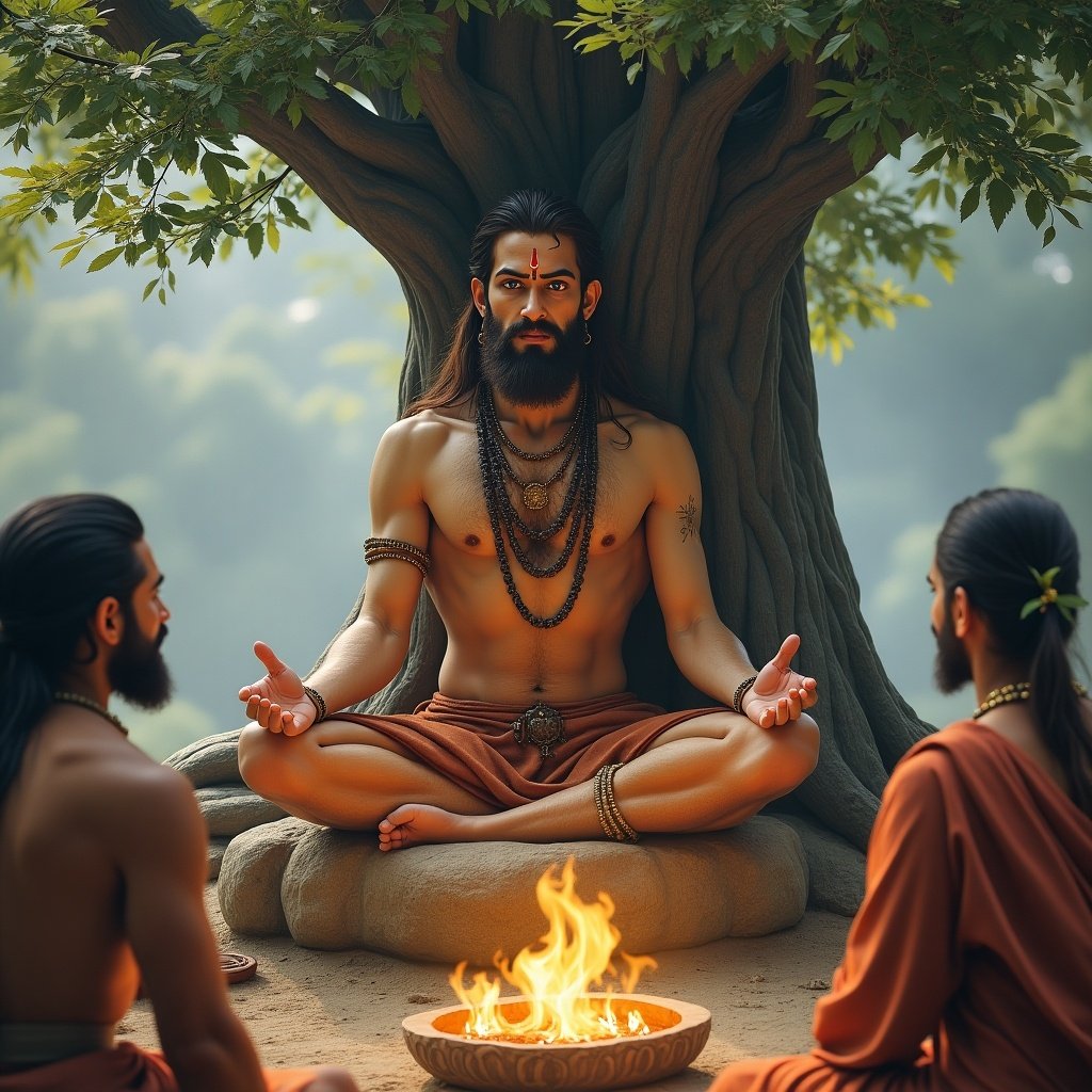 A meditative figure in traditional attire sits peacefully on stone beneath a cedar tree. Sages perform a Yagya in front of him. The atmosphere is serene and spiritual.