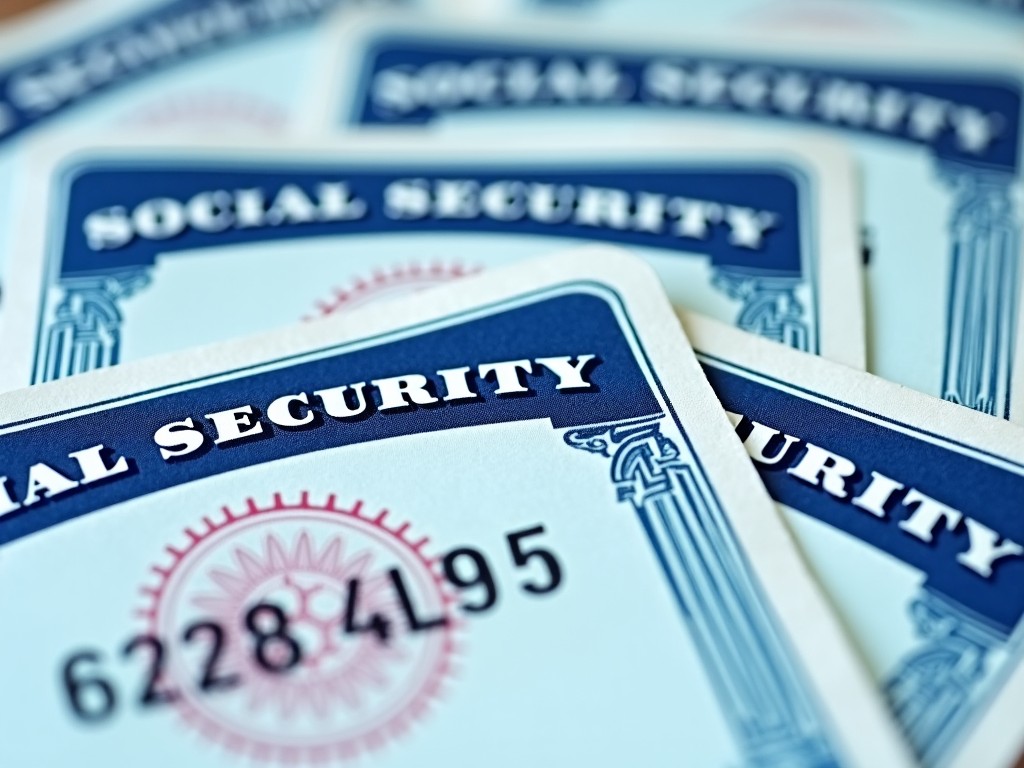 This image shows a close-up view of several Social Security cards. The design is clear, highlighting the cards' details. The focus is on the lettering and numbers, showcasing their importance. The blue and white color scheme is prominent, creating a visually appealing layout. This image illustrates the significance of identity in financial and legal matters.