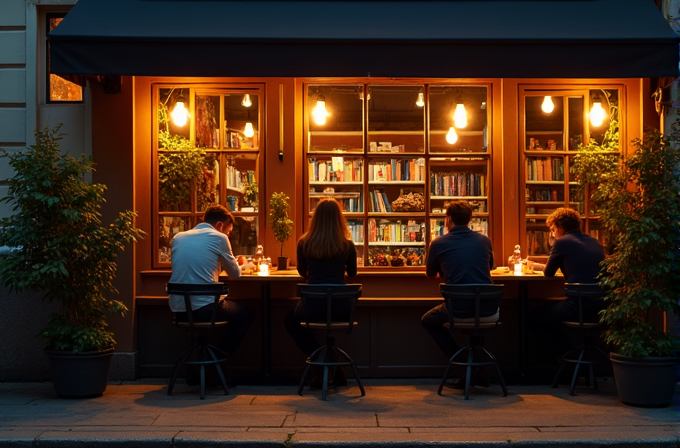 Four people sitting in front of a warmly lit cafe with books on display.