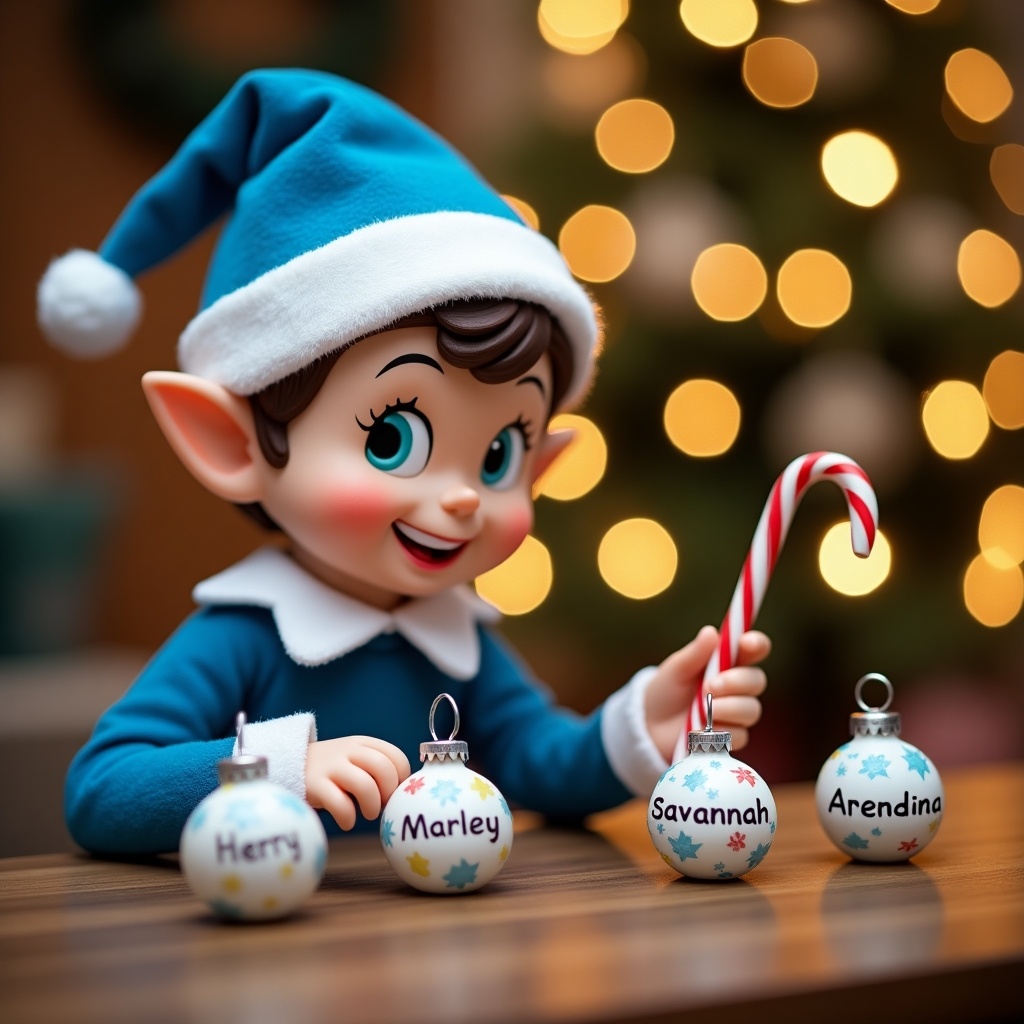 A charming Christmas elf dressed in cheerful blue attire, complete with a hat, is focused on writing names on decorative baubles. The elf has a playful expression and is sitting at a wooden table surrounded by holiday decorations. The background features a softly lit Christmas tree adorned with twinkling lights. The elf holds a red and white candy cane, adding to the festive atmosphere. This scene evokes a sense of holiday cheer and delightful anticipation. The names being written include 'Marley', 'Savannah', 'Arendina', and 'Henry', emphasizing a personal touch for the festive season.