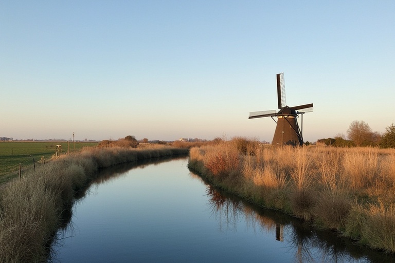 A peaceful winter scene showcases a black windmill beside a tranquil river. The landscape is bathed in soft light under a clear blue sky. Tall grasses frame the water, creating a cold yet serene atmosphere. Ideal for showcasing Dutch countryside charm.