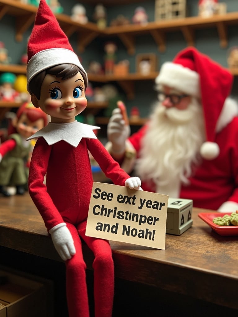 Elf on the shelf in red outfit holding a sign. Sign mentions Christopher and Noah. Santa Claus seated in a toy workshop surrounded by toys and working elves.