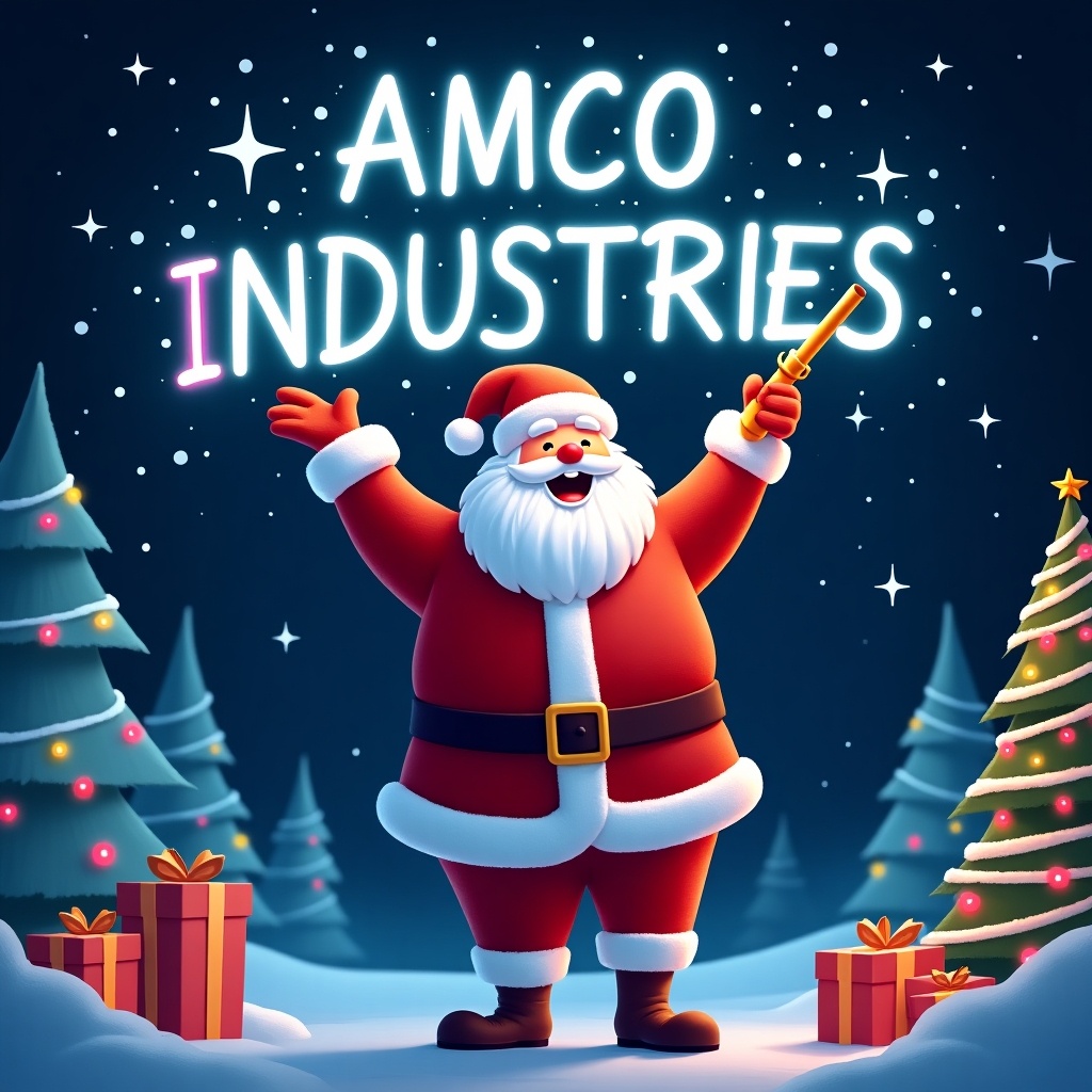 Christmas theme features Santa Claus writing AMCO INDUSTRIES in the sky with a colorful glow pen. Scene includes Christmas trees and presents.