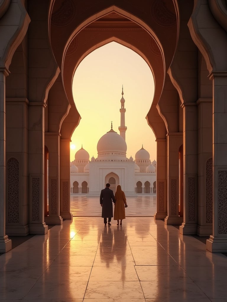 Couple walks through an ornate archway at sunset. Huge white mosque in background. Soft warm light illuminates the scene. Stone floor reflects the architecture.