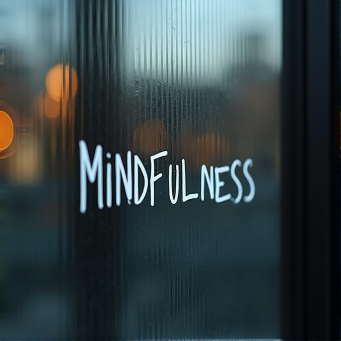 The word 'MINDFULNESS' is written in white on a frosted glass surface, creating a calming and introspective atmosphere.