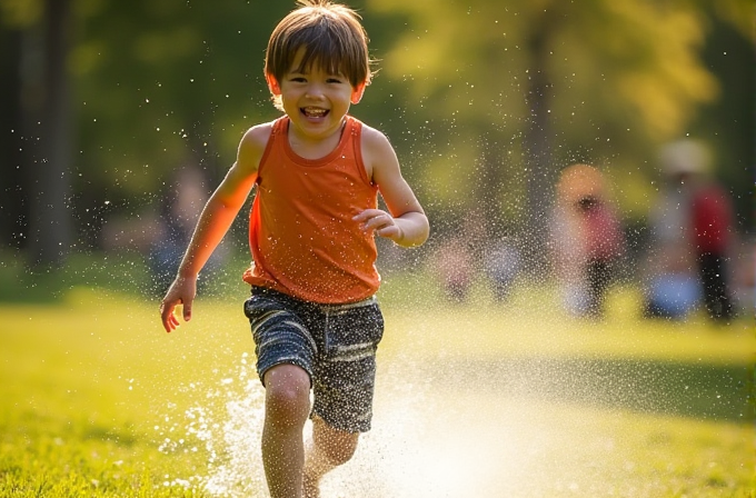 A young child joyfully runs through a spray of water in a sunlit park, wearing an orange tank top and denim shorts, with a blurred background of green trees and people.