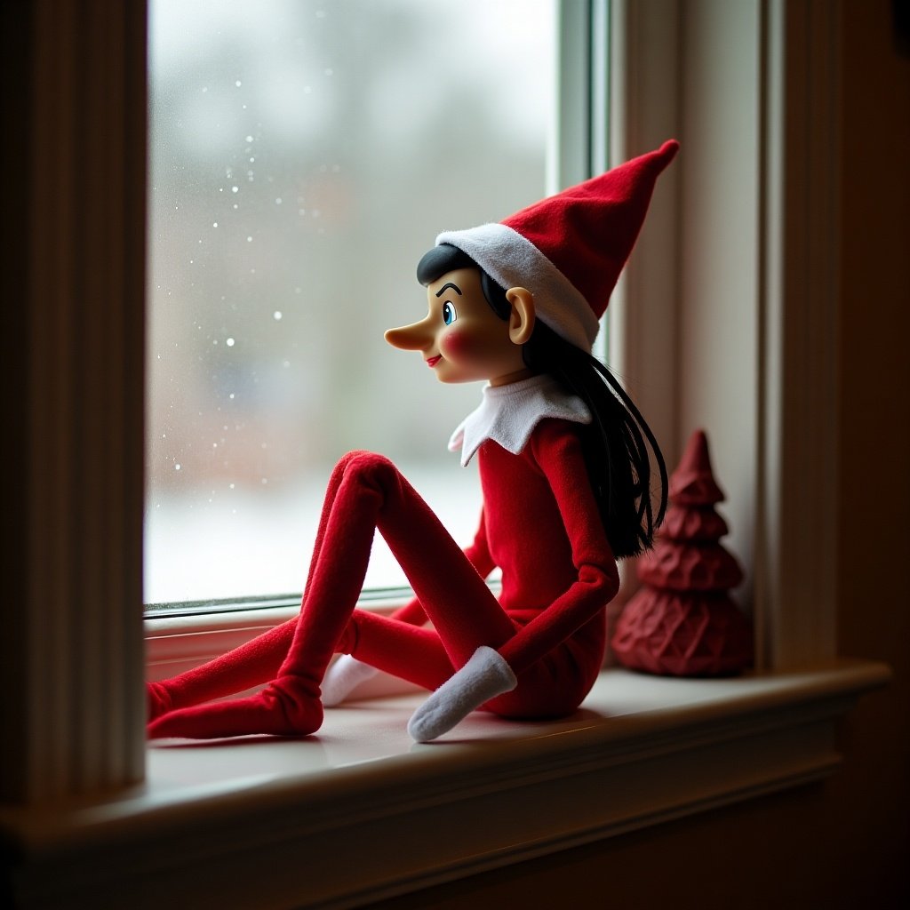 Elf on the Shelf resembling Snoop Dogg sits on a windowsill. Elf wears a red outfit with a pointed hat. Background shows winter scenery outside the window.