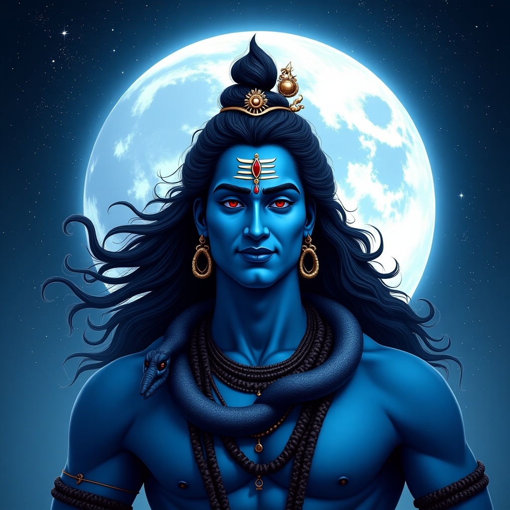 This illustration portrays Lord Shiva, a prominent Hindu deity, with striking blue skin. He is adorned with intricate jewelry and has a snake draped around his neck, symbolizing power and protection. The figure exudes an aura of serene power, surrounded by long, flowing hair. Set against a mystical cosmic background, the full moon casts a divine glow, while the night sky is dotted with sparkling stars. This depiction captures the essence of Shiva, representative of transformation and meditation.