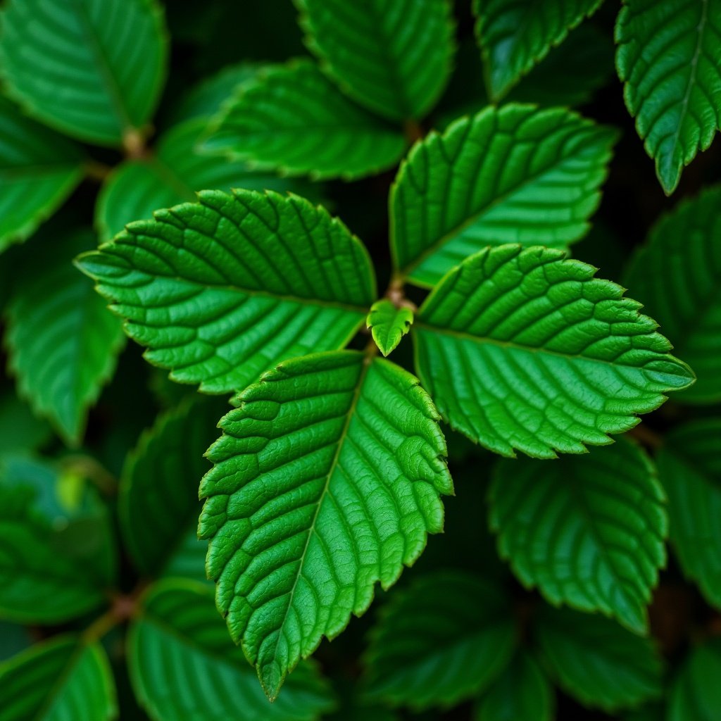 Close-up image of green indigenous leaves. Lush and vibrant foliage. Textured leaves with intricate patterns. Top-down view showcasing the beauty of nature.