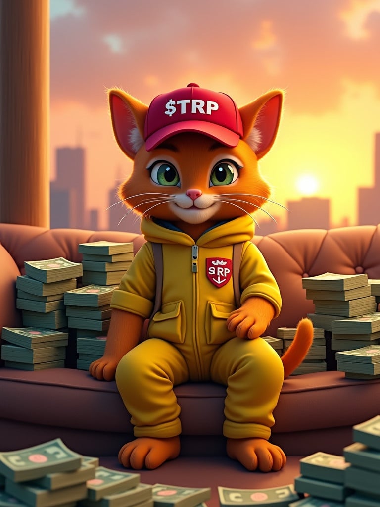 Animated cartoon anthropomorphic orange cat. Cat wears red baseball cap called $TRP. Cat wears yellow hazmat suit. Cat sits on couch. Couch surrounded by piles of money. Background shows a sunset cityscape.