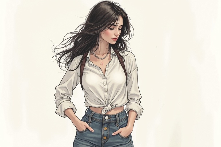 Drawing of an Italian female. She wears a tied white blouse and high-waisted denim jeans. She has loose, flowing hair and stands with her hands in pockets.