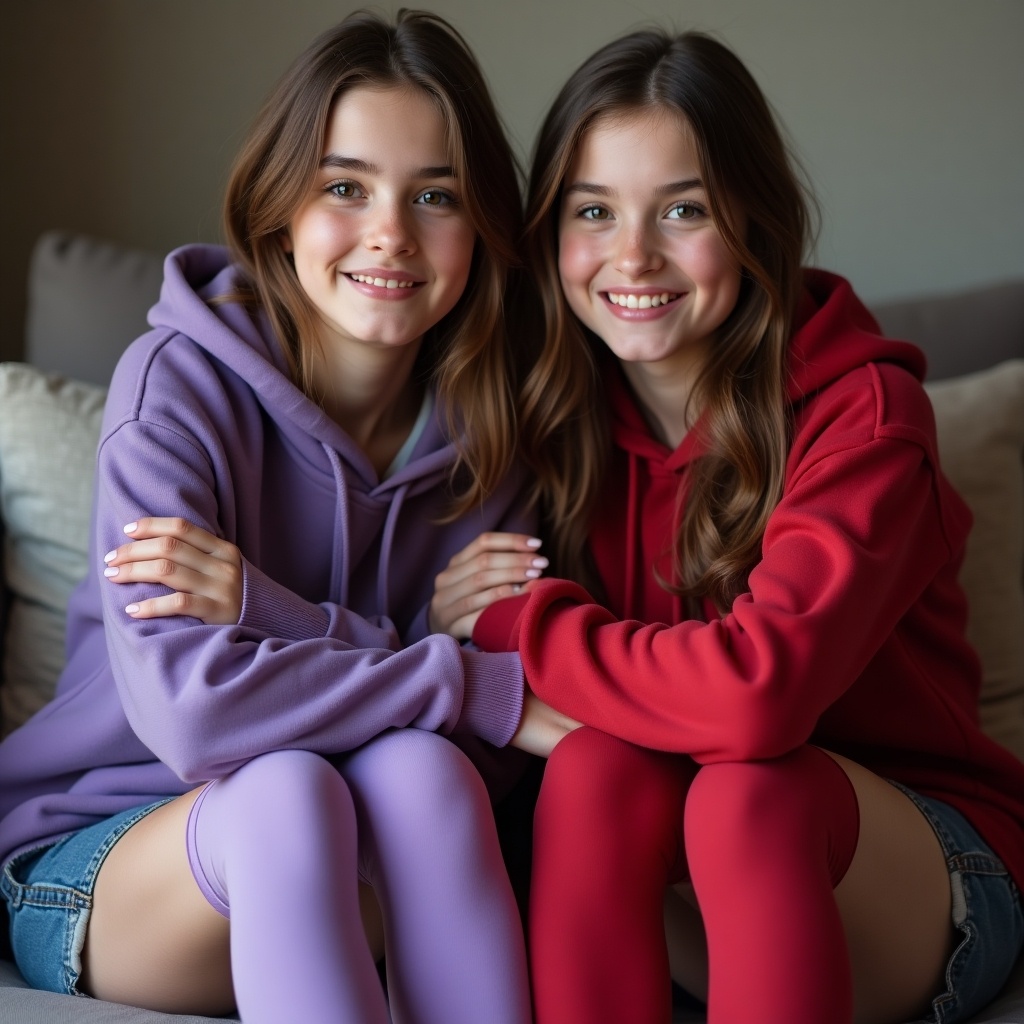 Two women dressed in colorful hoodies and thick tights sitting on a sofa. One in purple hoodie and purple tights. Other in red hoodie and red tights. Legs crossed and feet touching.