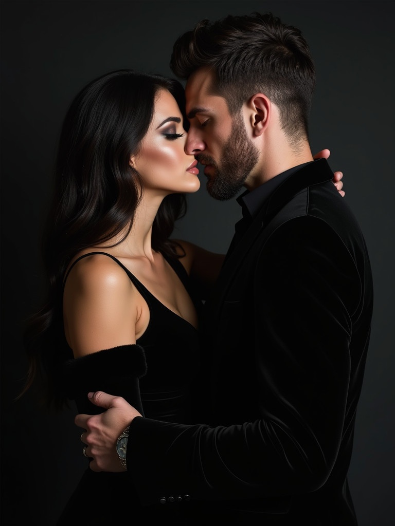 Image shows a couple embracing in an intimate gesture. Woman has long dark hair and dramatic makeup. Man has a rugged appearance with short hair. Both wear elegant black attire. The atmosphere reflects sophistication and allure.