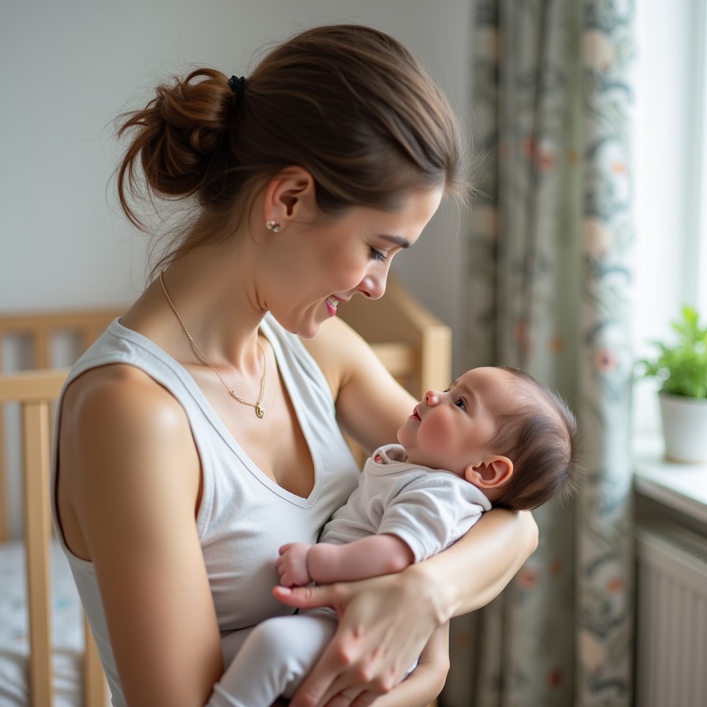 A mother lovingly holds her baby in a nursery setting. The room is softly lit, creating a warm atmosphere. The mother looks down at her baby with affection. The baby gazes back with wide eyes, capturing an intimate moment. The nursery features a cozy crib and a few decorative elements, enhancing the family-oriented vibe. This image embodies the love and bond between a parent and child, making it perfect for parenting-related content.