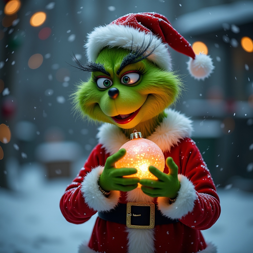 Grinch character in Christmas outfit holding a shiny bauble in a snowy background with lights