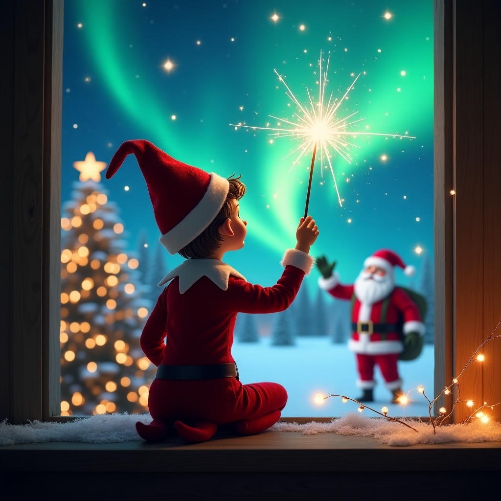 A whimsical scene featuring an elf on the shelf, sitting with his back towards the viewer. The elf is facing the sky, using a wand to write the name 'Spencer' among the twinkling stars. In the background, a magical Christmas landscape unfolds, with colorful northern lights illuminating the night sky. Santa Claus stands cheerfully, adding to the festive magic. A beautifully decorated Christmas tree fills the room with warm lights, creating an enchanting holiday atmosphere.