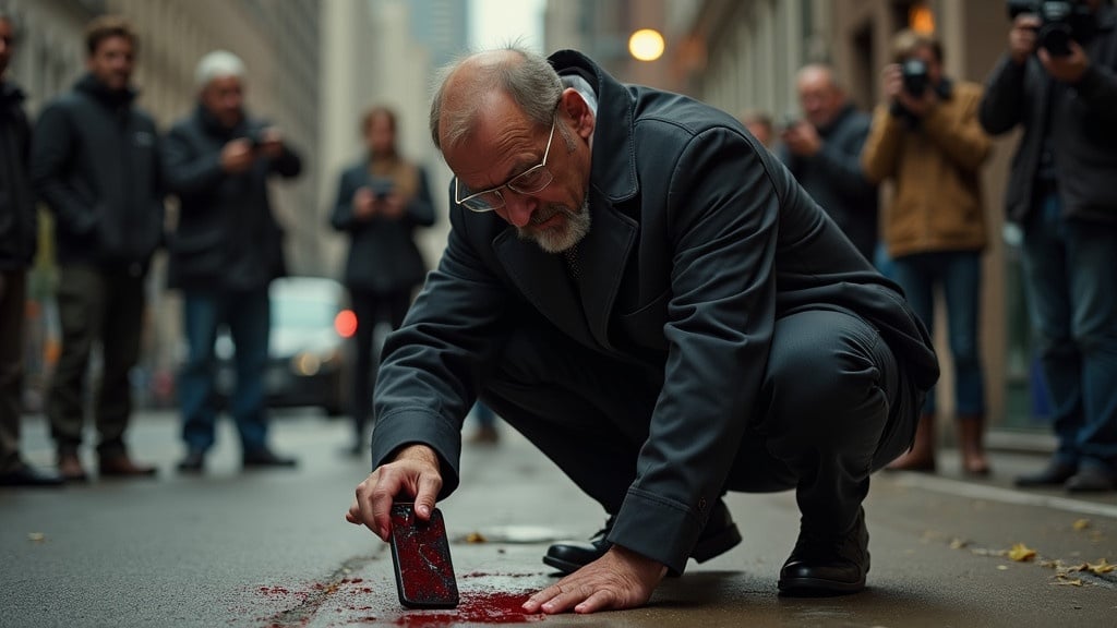 Detective Harper crouches near a broken phone with blood while photographers capture the moment. The scene unfolds amid an urban backdrop filled with onlookers.