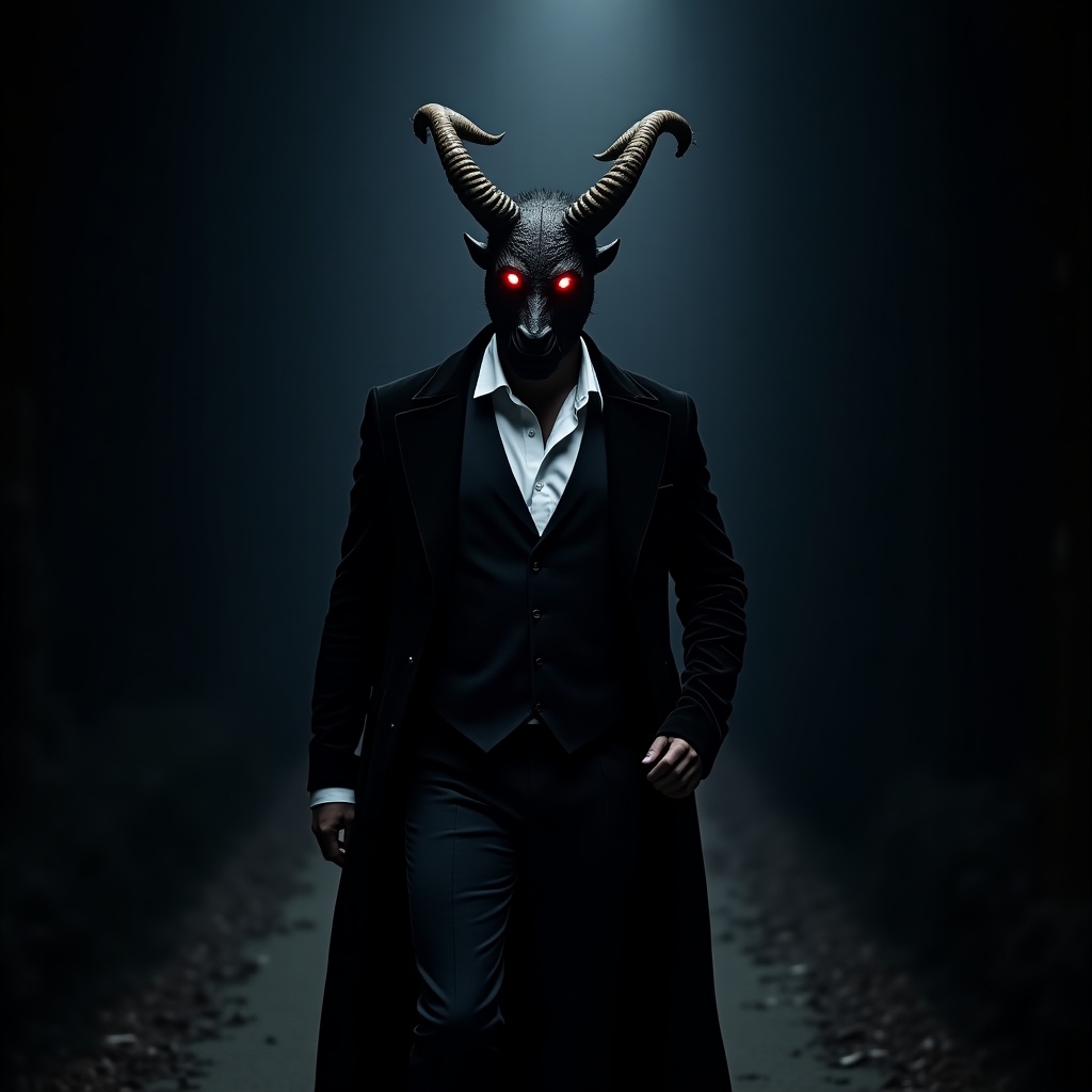 A confident gentleman strides down a dark path. He wears a Victorian-style suit. His head is a fierce minotaur mask with glowing red eyes. The setting is eerie, showcasing the contrast between the monster and his elegant attire. The white shirt has a touch of blue light.