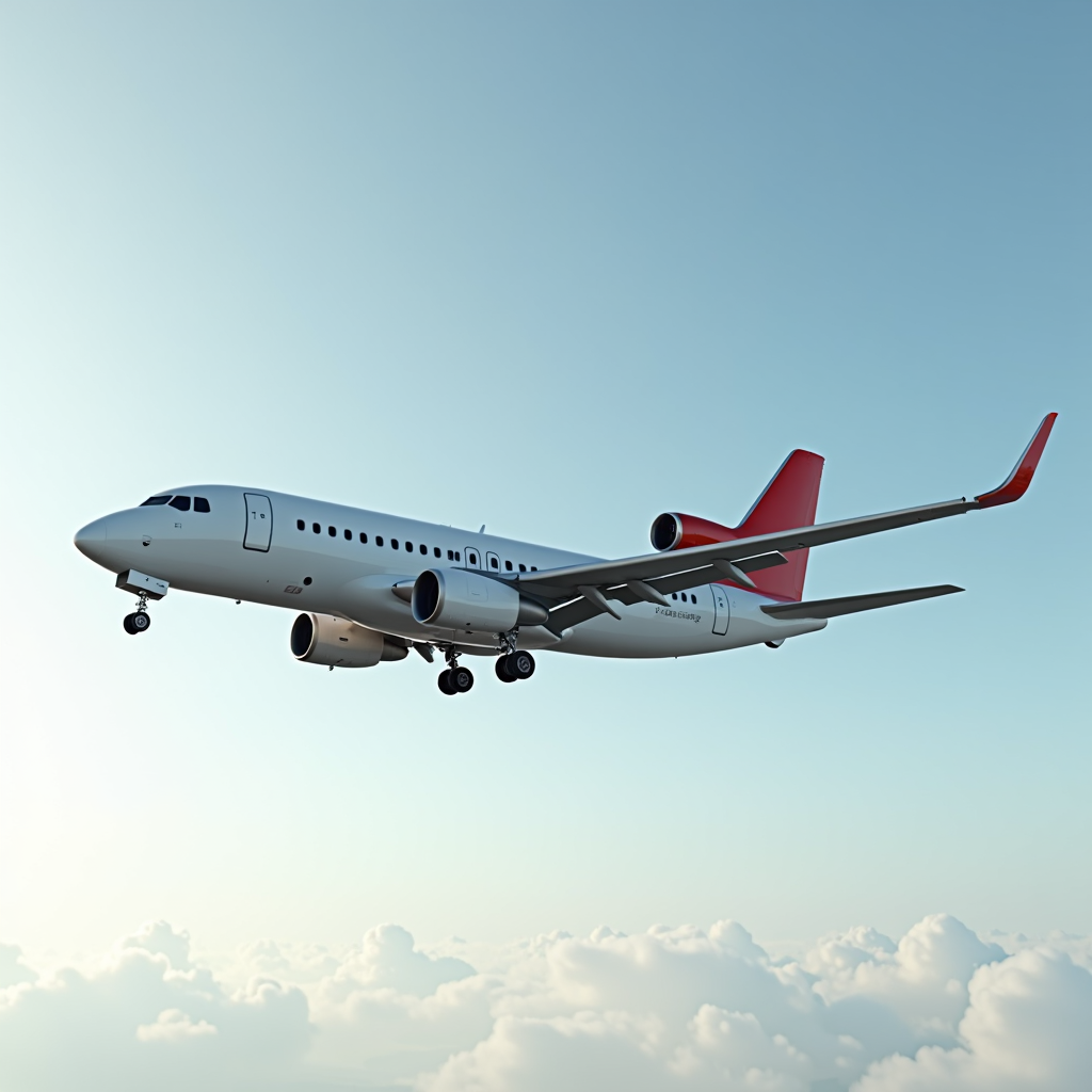 A commercial airplane with red accents flies in a clear blue sky above fluffy white clouds.