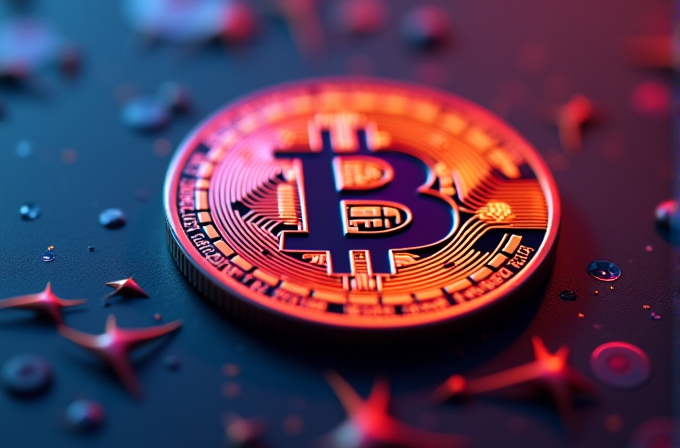 A stylized Bitcoin coin illuminated with warm, red-orange lighting on a dark surface scattered with abstract star-like forms and droplets.